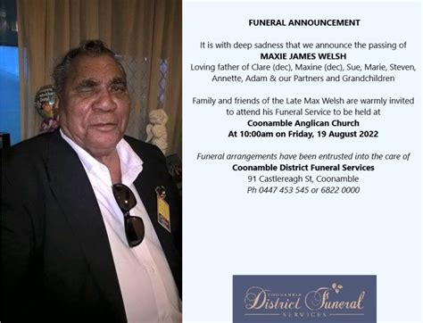 the late Mr Robert Bentley Digance. . Aboriginal funeral notices for this week